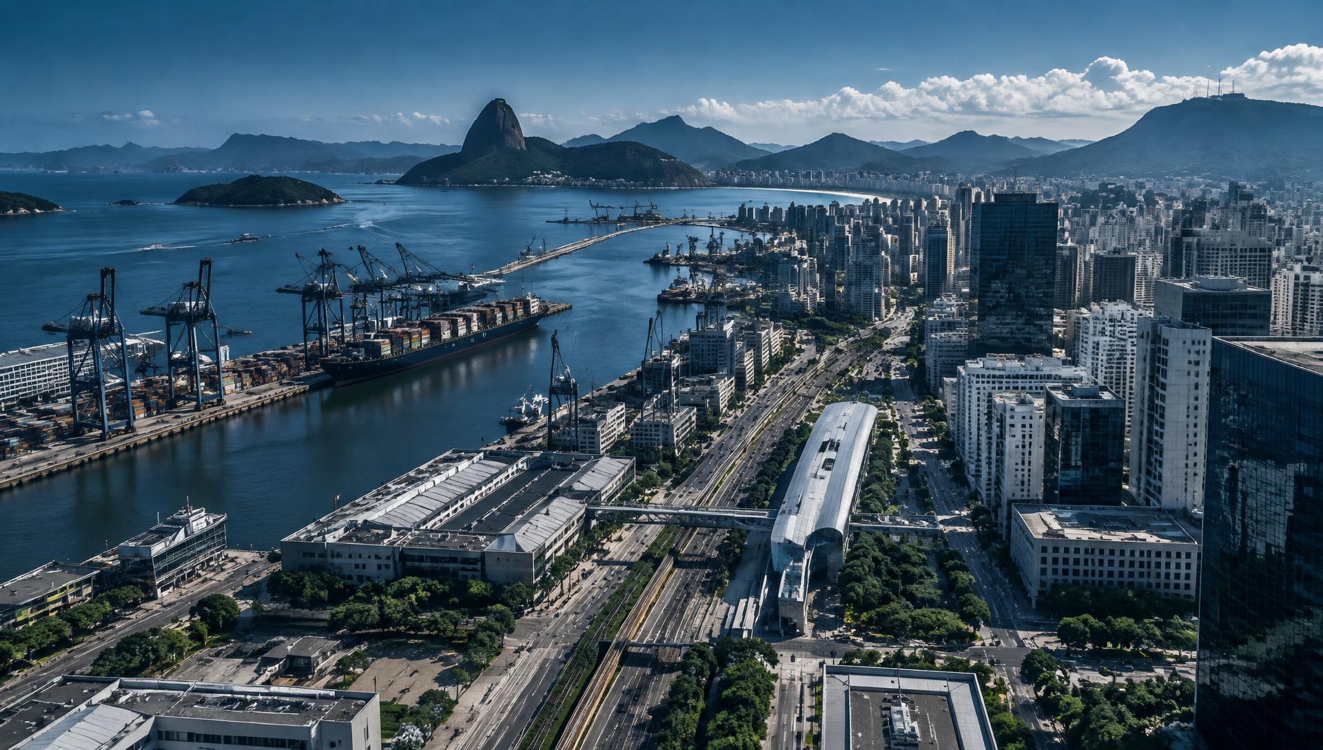 Vista urbana e portuária brasileira em composição institucional